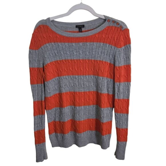 Talbots Gray Orange Autumnal CableKnit Lambswool Blend Scoop Neck Sweater Size M - Picture 1 of 6